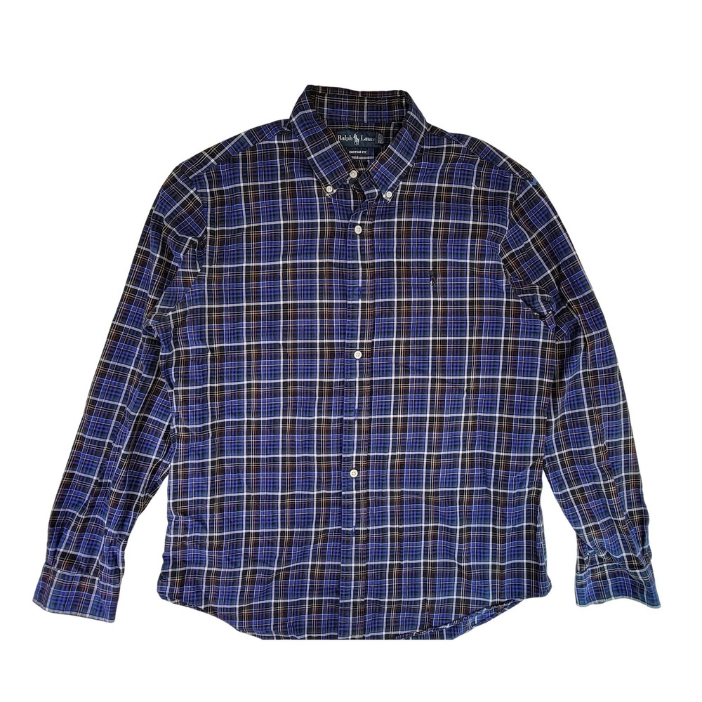 Ralph Lauren Custom Fit‎ Plaid Button Down Shirt Men's Size L Blue